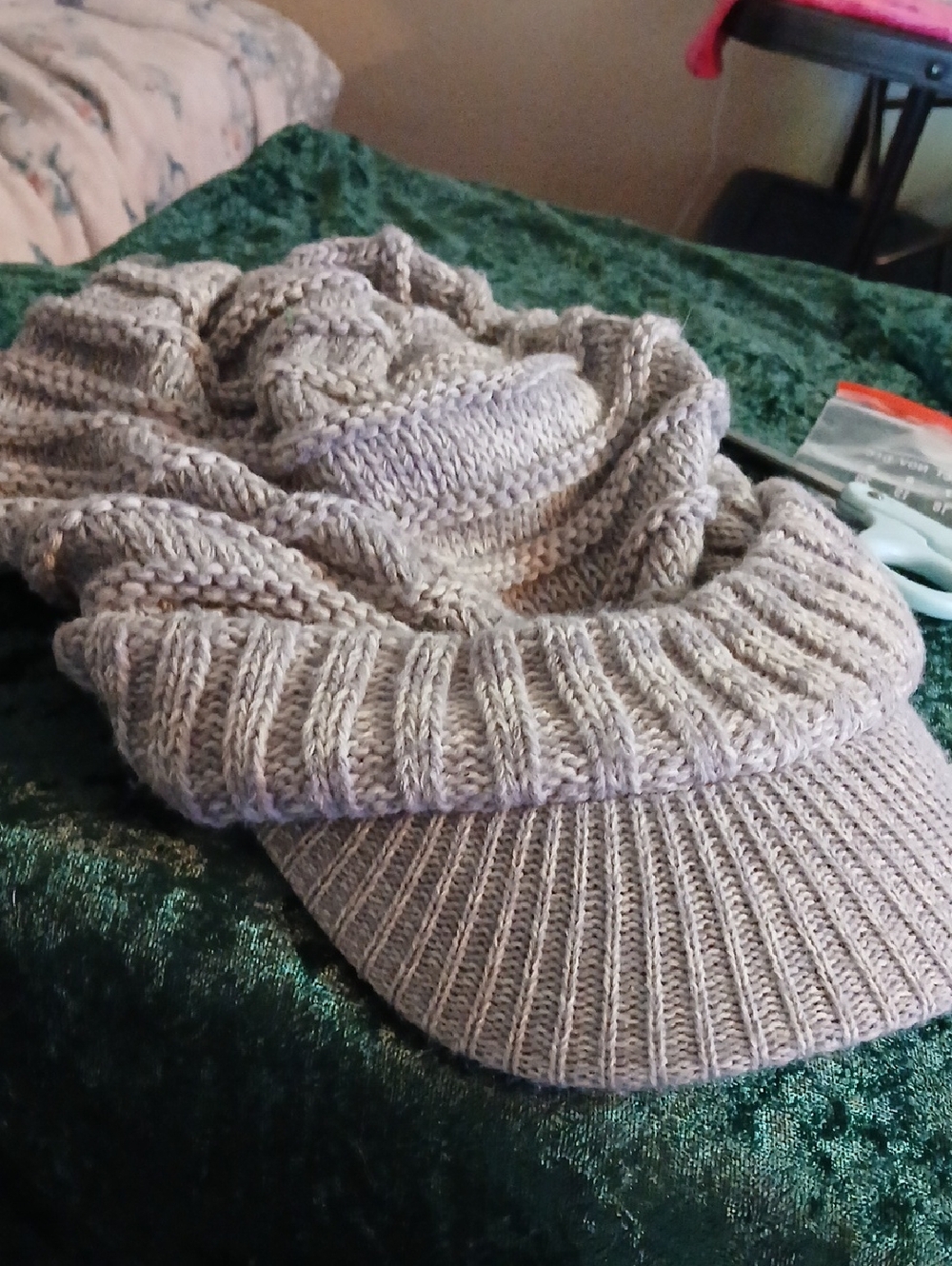 Knit Brim Beanie Cap in Light Taupe Slouce Hat